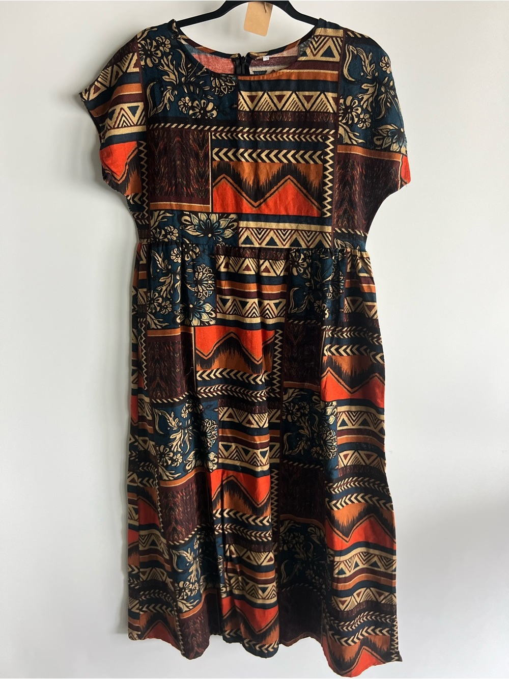 Boho Patchwork Midi Dress in Orange, Navy & Brown